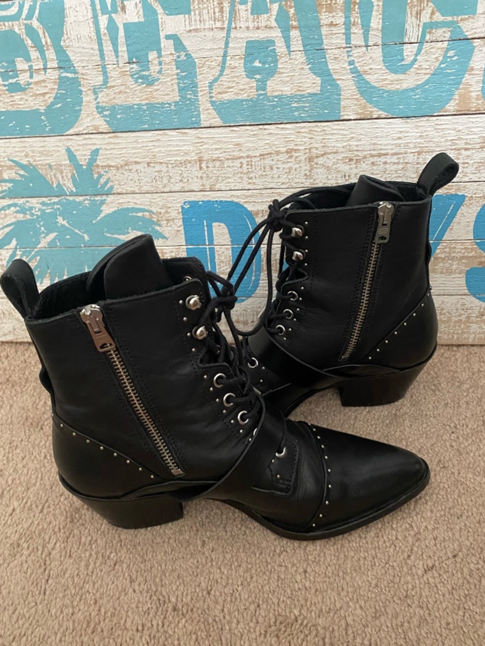 Allsaints Women's Black Studded Lace-Up side zipper Pointed Ankle Boots - Picture 3 of 8